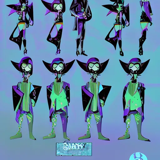 Image similar to character design sheets for a fashionable nonbinary androgynous gothic manta ray humanoid person with manta ray arms who sells empty spray paint cans as a scam and is always covered in paint and acting shady, designed by splatoon nintendo, inspired by tim shafer psychonauts 2 by double fine, cgi, professional design, gaming