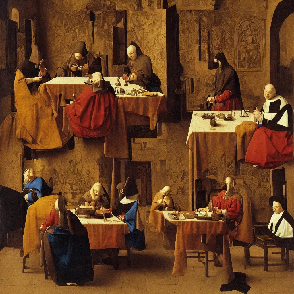 Image similar to Noble lunch. They dined in a large, richly furnished room. There were a lot of food on the table. Medieval painting by Jan van Eyck, Johannes Vermeer, Florence,