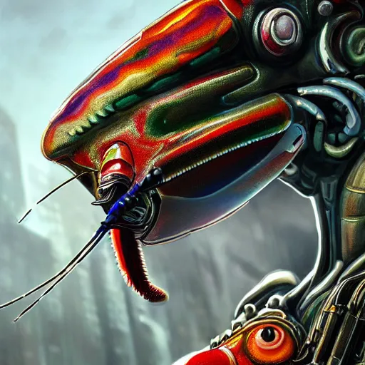 Image similar to ultra realist and ultra intricate detailed soft painting of a sci fi mantis shrimp, from the waist up, sci-fi helmet, symmetry features, sensual gloomy style, volumetric clouds, cyberpunk burning building background, artstation, unreal render, depth of field