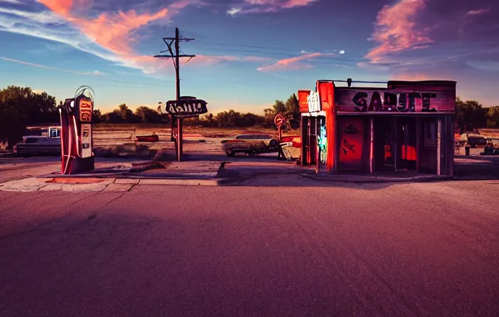 Image similar to a sunset light landscape with historical route 6 6, lots of sparkling details and sun ray ’ s, blinding backlight, smoke, volumetric lighting, colorful, octane, 3 5 mm, abandoned gas station, old rusty pickup - truck, beautiful epic colored reflections, very colorful heavenly, softlight