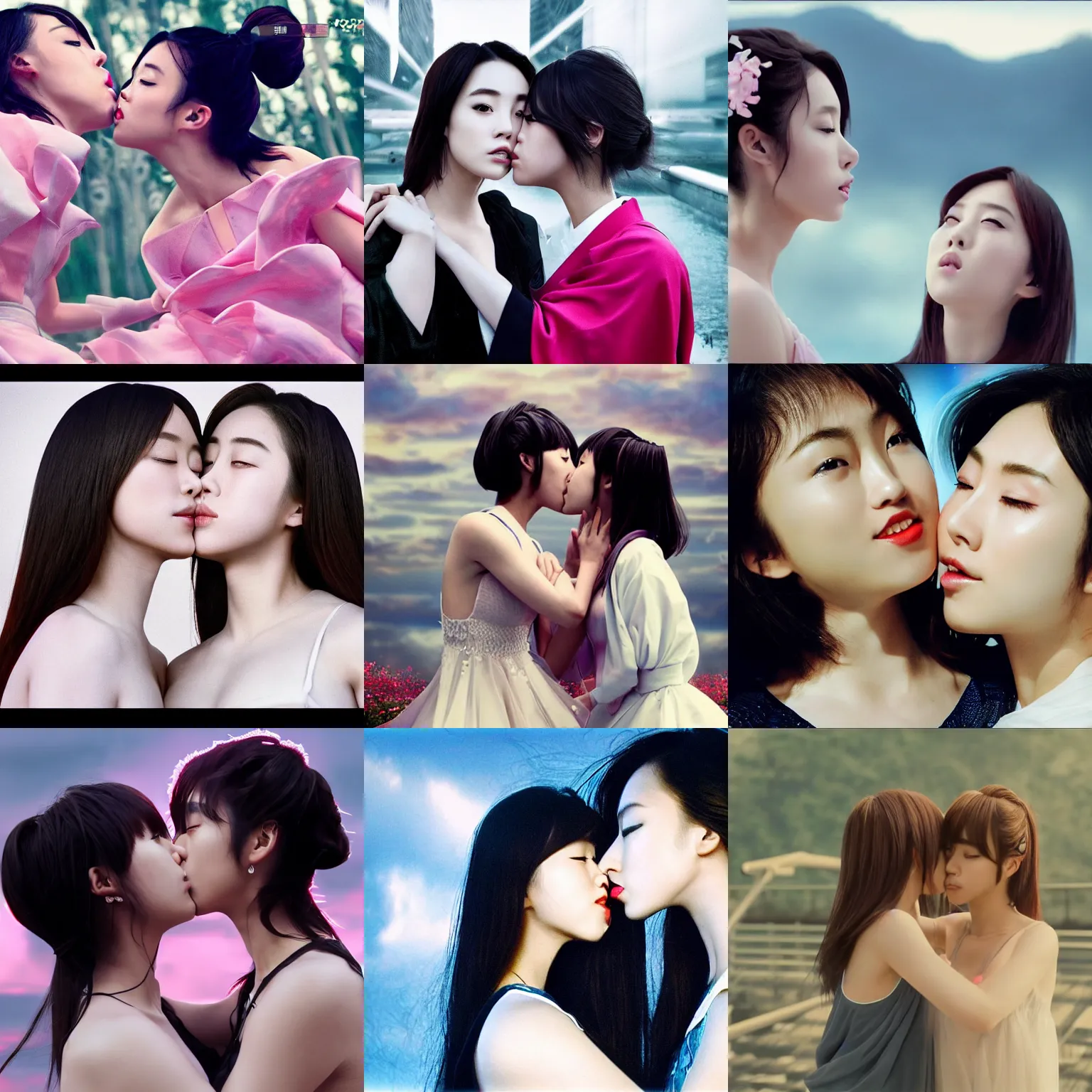 Prompt: unbelievably beautiful, perfect, dynamic, epic, cinematic 8 k hd movie shot, kiss of two japanese beautiful cute young j - pop idols actresses girls, they kiss each other. motion, vfx, inspirational arthouse, high budget, hollywood style, at behance, at netflix, with instagram filters, photoshop, adobe lightroom, adobe after effects, taken with polaroid kodak portra
