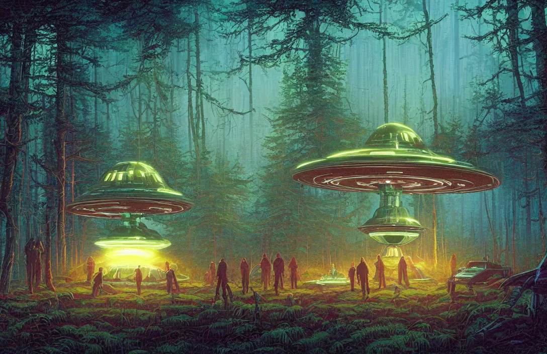 Prompt: sci-fi UFO landing place in forest with alien visitors, digitally painted by Tim Doyle, Kilian Eng and Thomas Kinkade, centered, uncropped