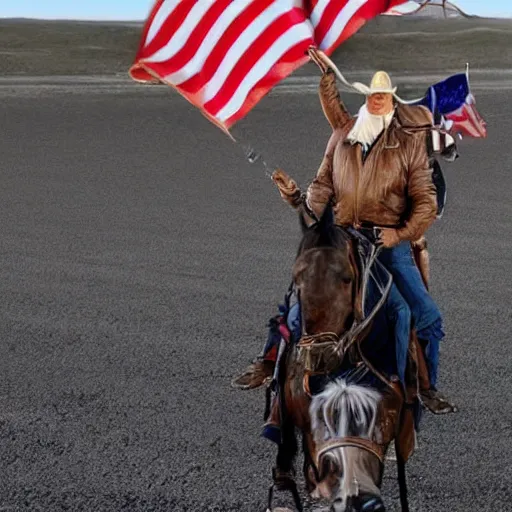 Image similar to donal trump as a cowboy riding a nuke as it's dropped from a plane high adrenaline junkie xtreme sport photography directed by mcg