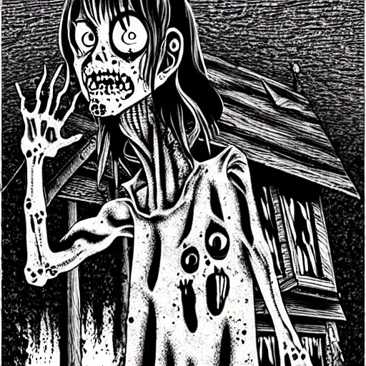 Prompt: detailed poster of a zombie outside a cabin in the mountain, night, horror, by junji ito,