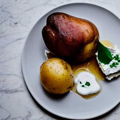 Image similar to dslr photograph of a michelin starred restaurant dish consisting of potatoes, goat cheese and honey foam, 4 0 mm f 2