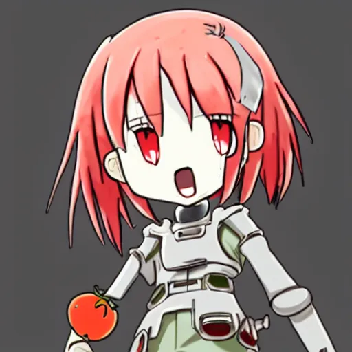 Prompt: cute android with tomato head and a carrot sword, made in abyss style