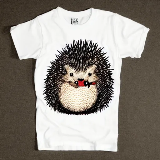 Image similar to hedgehog wearing a t - shirt, biting on t - shirt, mouth on shirt, shirt in mouth, cute, adorable, hedgehog, painted by tara mcpherson, art
