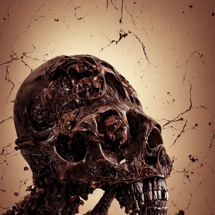 Image similar to portrait of a melting chocolate skull. razor sharp teeth. infected with zombie fungus. intricate abstract. intricate artwork. nightmare fuel. by Tooth Wu, wlop, beeple, dan mumford. octane render, trending on artstation, greg rutkowski very coherent symmetrical artwork. cinematic, hyper realism, high detail, octane render, 8k, iridescent accents