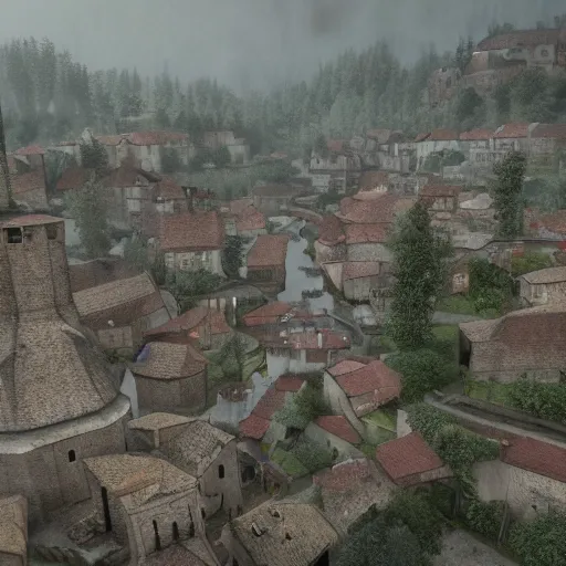 Image similar to the center of a poor medieval town under heavy rain at late dawn, in a valley, surrounded by mountains, highly detailed, octane, ultra detailed cinematic, 8 k, widescreen, 1 6 : 9, hd