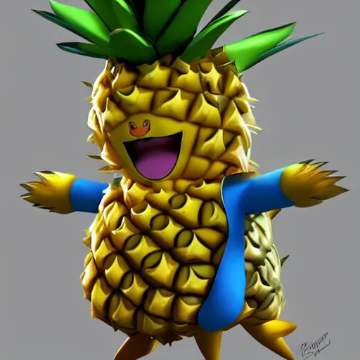 Prompt: a pokemon that looks like a pineapple, the pineapple that is laughing ， digital art, trending on art station. unreal engine.