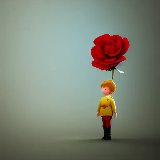 Image similar to the little prince holding a red rose illustration, bokeh, octane render, award winning, trending on art station