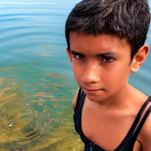 Image similar to in the style of Aurelio Rodríguez, a boy stand in the lake,some fish ,summer , close up, very high environmental details, very high facial details, 4K ,