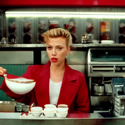 Image similar to Scarlett Johansson serving coffee at the double r diner in Twin Peaks (1990)