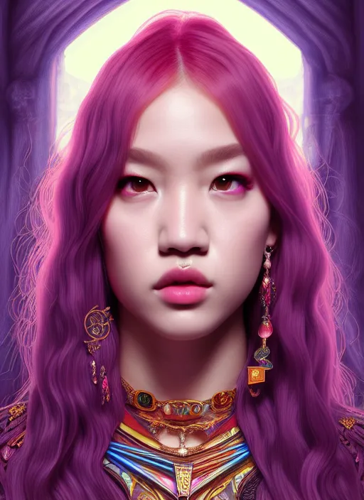 Image similar to jossi of blackpink, queen, tarot card, highly detailed, digital painting, smooth, sharp focus, illustration, ultra realistic, unreal engine, 8 k, art by artgerm and alphonse mucha