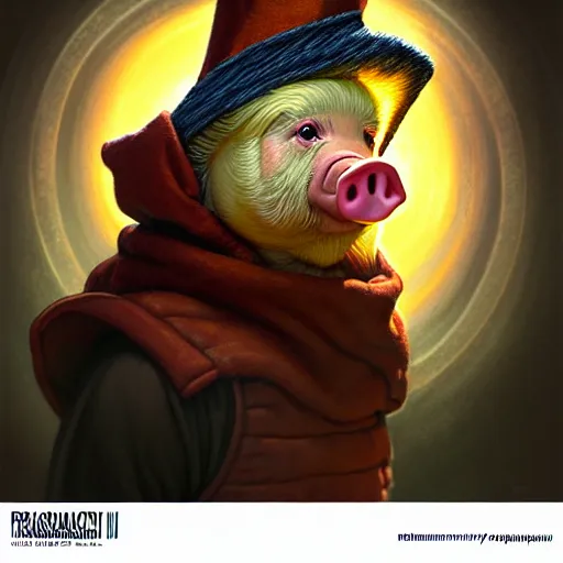 Image similar to rpg! profile!!! portrait of humanoid pig on white background, wizard hat, wizard cloak, surreal, vintage doll, intricate, highly detailed, digital painting, artstation, concept art, smooth, sharp focus, illustration, art by norman rockwell emiliano ponzi andrey remnev yoann lossel aaron jasinski, 8 k