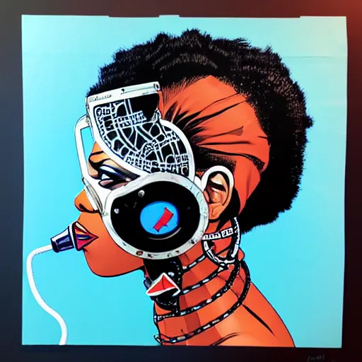 Image similar to a profile photo of a african woman with a diving oxygen mask with side profile blood in ocean intricate details by MARVEL comics and Sandra Chevrier-C