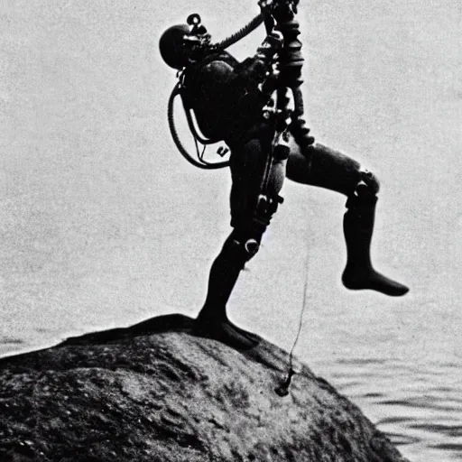 Prompt: detailed photo of a diver wearing an early diving suit. the diver is holding an electric guitar. the diver is on the moon. old diving suit pictures. old diving suit. early diving suit. old diving suit photos. detailed