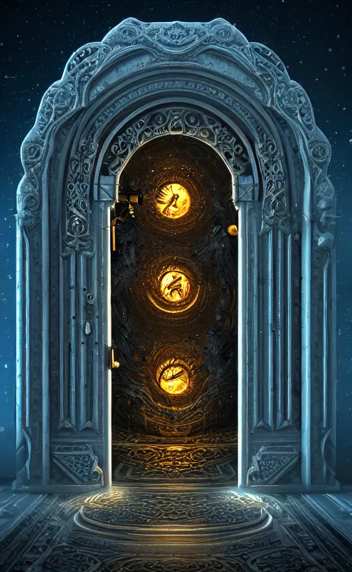 Image similar to a ornamental gate into stars a demon emerges from it, ornament, intarsia, portal, doorway, dynamic lighting, ambient lighting, atmospherical, photorealistic fantasy concept art, trending on art station, stunning visuals, creative, cinematic, ultra detailed