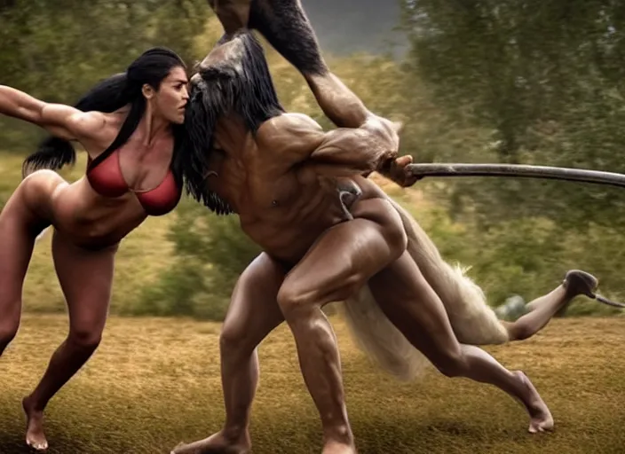 Prompt: beautiful tall muscular greek amazon woman wrestling a centaur, movie still, from the movie caveman, 8 k, realistic, action photography