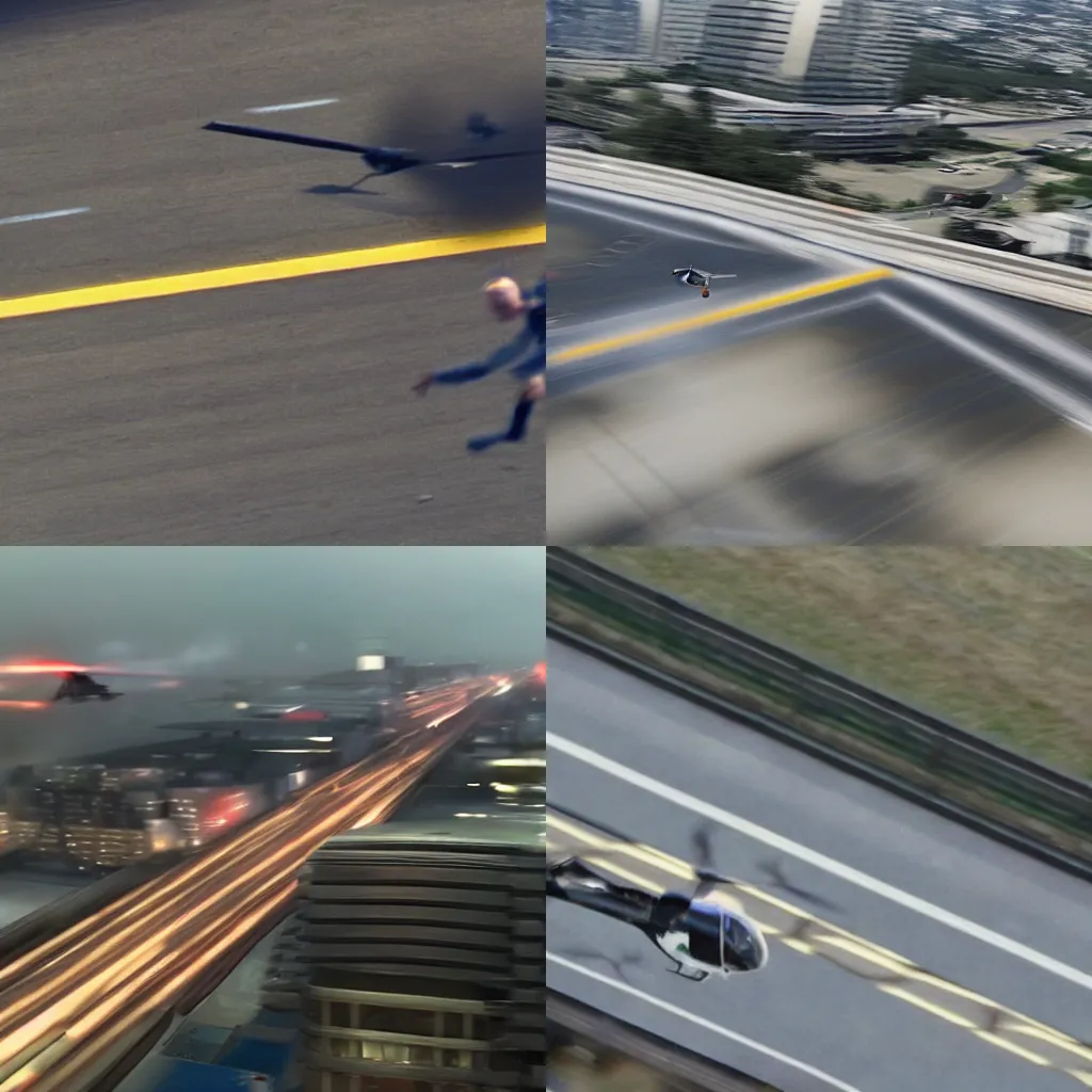 Prompt: view from helicopter screenshot of gal gadot running from the cops motion blur view from helicopter