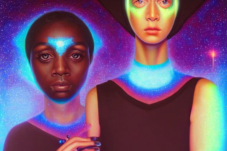 Prompt: patron saint of 🛸🌈👩🏾, futuristic iridescent clothing, wormhole, nebula, black hole, multiverse, neon god of city character portrait, in the style of margaret keane, moebius, tom bagshaw, and waterhouse, cinematic lighting, beautiful, elegant, oil painting,