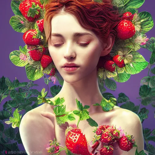 Prompt: the portrait of an absurdly beautiful, graceful, elegant, sophisticated woman made of strawberries and green petals, an ultrafine hyperdetailed illustration by kim jung gi, irakli nadar, golden ratio, intricate linework, bright colors, octopath traveler, final fantasy, unreal engine 5 highly rendered, global illumination, radiant light, detailed and intricate environment