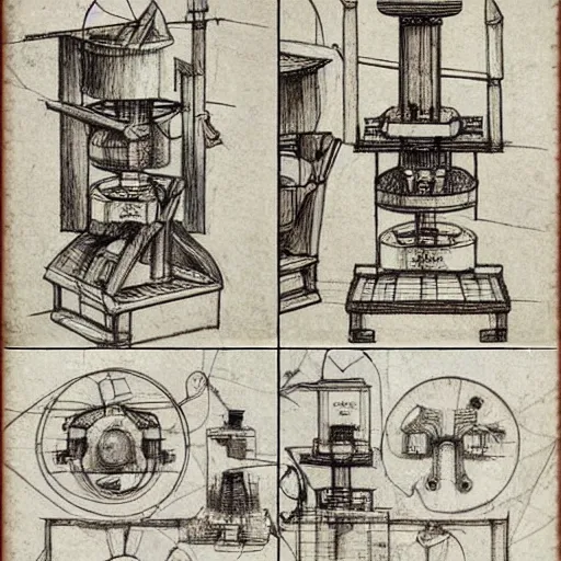 Prompt: various sketches of a mechanical coffee grinder in the style of leonardo da vinci, ultra detailed, scribbles, technical drawing, engineering blueprints