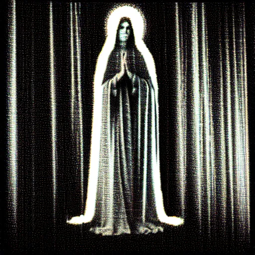 Image similar to vhs static overlay of marian apparition, vhs, 1 9 9 0, highly realistic, highly detailed, vhs noise static, black and white, vhs glitch