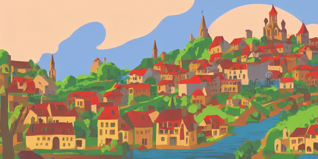 Prompt: medieval town, summer morning light, clean svg vector illustration, trending on artstation