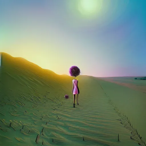 Image similar to portrait, giant purple dahlia flower head, girl walking between dunes, surreal photography, sunrise, blue sky, dramatic light, impressionist painting, digital painting, artstation, simon stalenhag