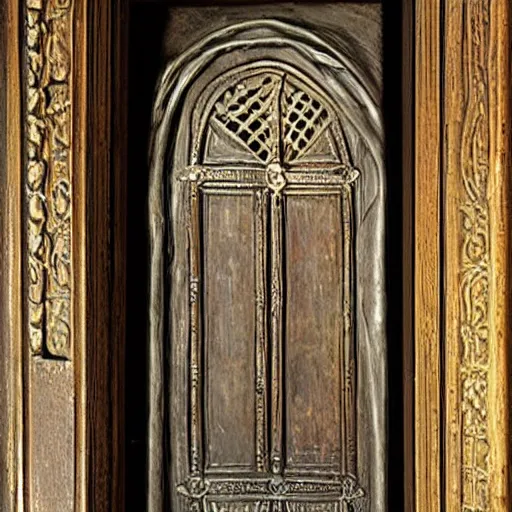 Image similar to A ajar door with a sleeping human face hangs on loops, medieval style, dramatic lighting, medieval style, dramatic lighting