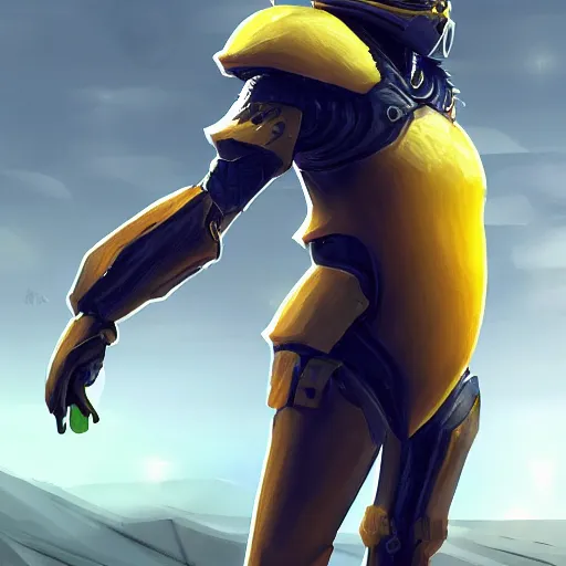 Image similar to A lemon full body portrait wearing dark matter armor standing on a hill, dynamic lighting, photorealistic concept art, stunning visuals, creative, trending on art station, ultra detailed