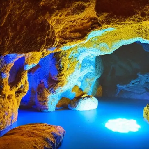 Image similar to a hyper realistic cave with bright blue fungus growing on the walls, radioactive water glows dimly on the ground, hyper detailed, beautiful lighting