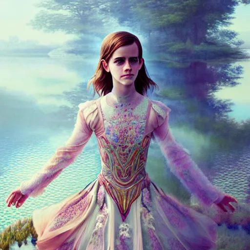 Prompt: emma watson as a beautiful young girl in intricate clothing by ross tran, walking in a castle, lake painted by sana takeda, rtx reflections, very high intricate details, painting, digital anime art, medium shot, mid - shot, composition by ilya kuvshinov, lighting by greg rutkowski