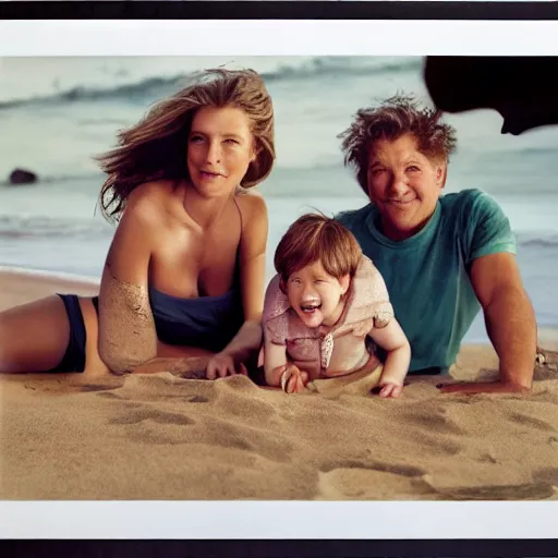 Image similar to portrait of a happy family at the beach fully - clothed, outdoor lighting, realistic, smooth face, perfect eyes, wide angle, sharp focus, high quality, professional photography, photo by annie leibovitz, mark mann, peter lindbergh