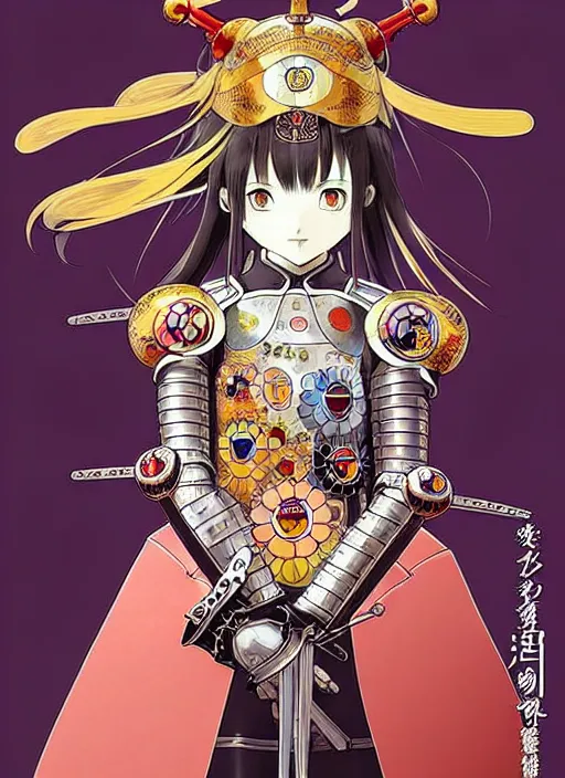 Image similar to takashi murakami, ilya kuvshinov, anime female knight in. ornate armor by, last exile, murata range, fine detail, perfect, dramatic lighting, dynamic composition, art deco, cel shading, vivid, rich texture, alphonse mucha, ( ( ( colorful ) ) ), ( ( ( yoshinari yoh ) ) ),