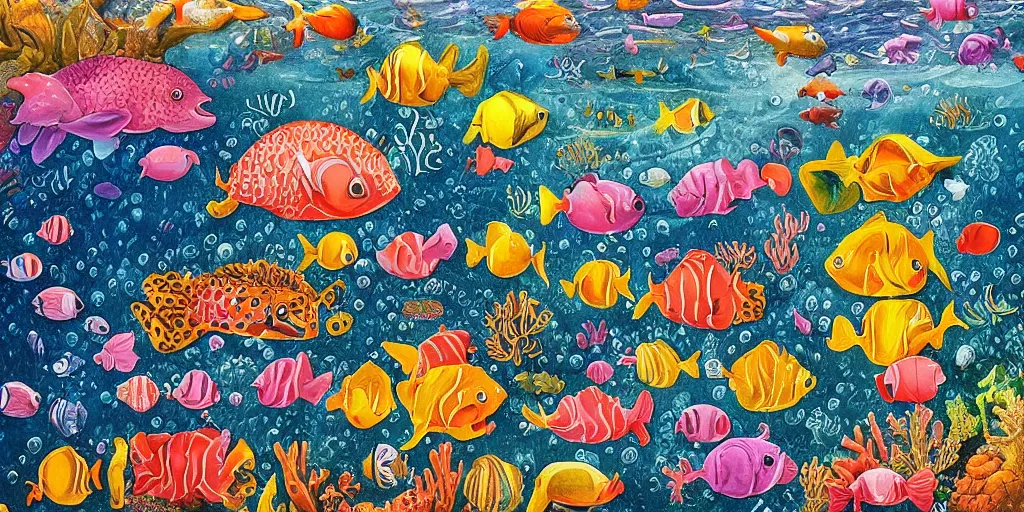 Prompt: a beautiful painting of an elaborate underwater scene painted by bosch and lisa frank, detailed