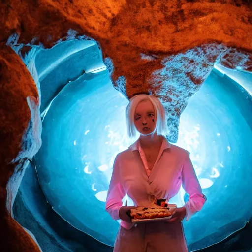 Image similar to cinematic photo of a beautiful albino koi fish woman lit with saturated split colour blue and dusty pink lighting serving pizza in a grotto restaurant