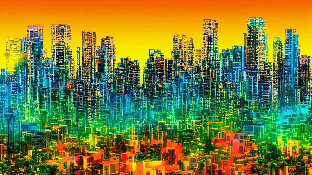 Image similar to golden city in a vaporwave jungle, 4k, ultra realistic, colorful, award winning photograph