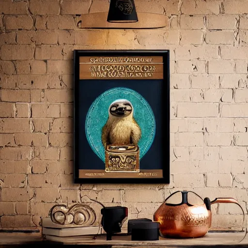 Image similar to sloth as the king of cups, copper cup, copper crown, poster framed, intricate details, medieval art style, high contrast, solarized