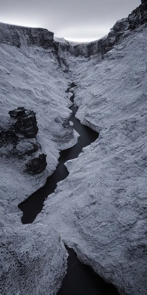 Image similar to dream looking through a hyper realistic photograph of a ice covered canyon, minimal structure, futureistm landscape, misty, icelandic valley, small stream over black rock, timed exposure, in the style of reuben wu, roger deakins