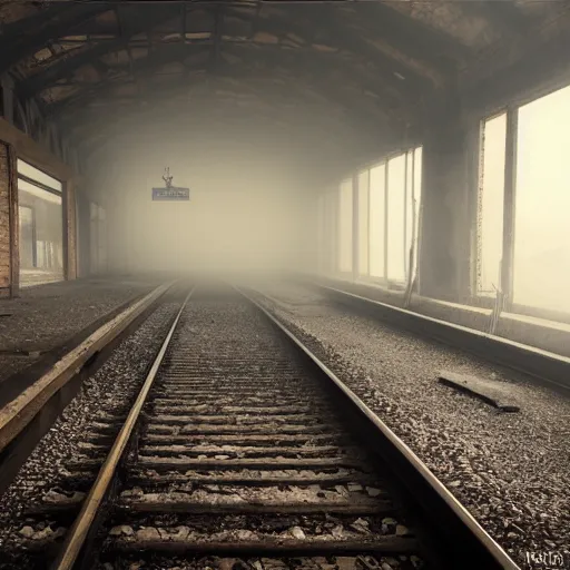 Image similar to derelict train station, cracked walls, dust, fog, hyperdetailed, 4 k