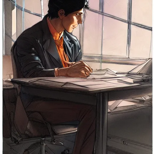 Image similar to a beautiful artwork of a young male scientist with black hair sitting on a chair at a desk by Jerome Opeña, featured on artstation