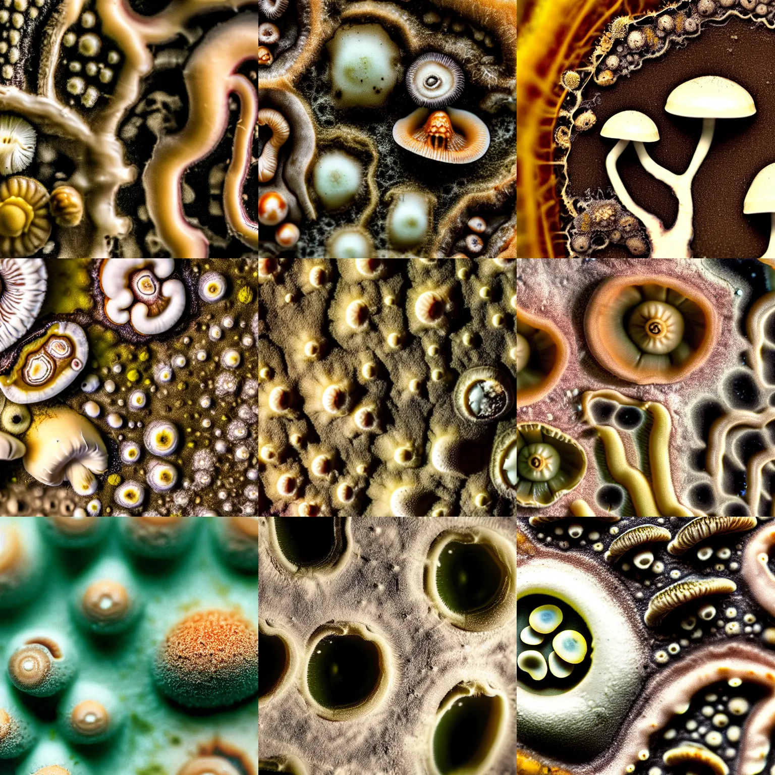 Prompt: mold and mushrooms with macro photography, magnification