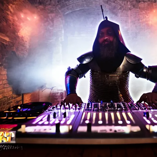 Image similar to photograph of a dubstep dj in holy cross knight armor djing during a medieval party, 8 k resolution, high detail