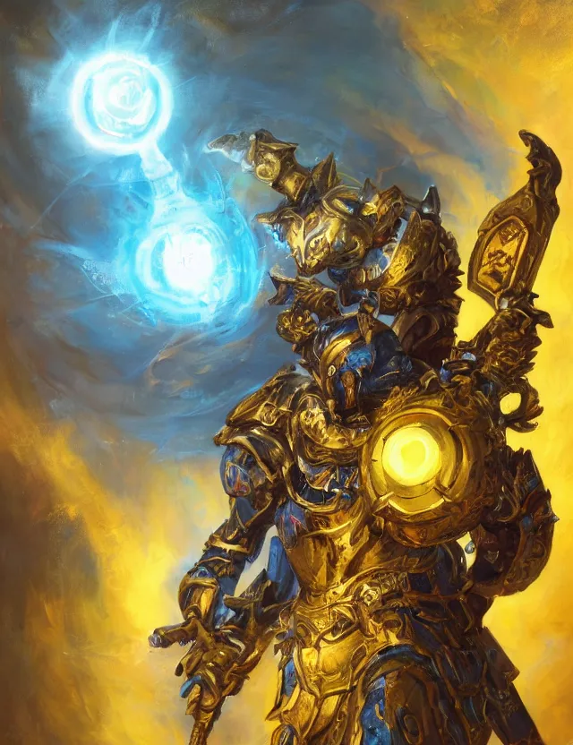 Prompt: full body, attack position abstract painting in lush fantasy environment of a ornate holy warforged with circular glowing eye, character in yellow armor holding a legendary paladin engraved holy great longsword and carrying a huge heavy paladin shield, face in focus, epic , trending on ArtStation, masterpiece, cinematic lighting, by Delphin Enjolras and by Ruan Jia