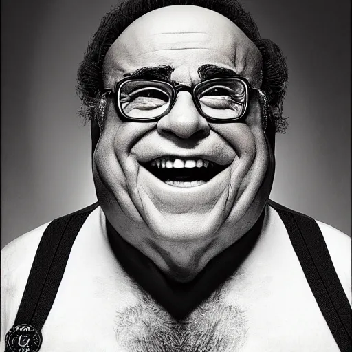 Image similar to ArnoldSchwarzeneggerDannyDevito hybrid, studio portrait, movie-cover-art headshot