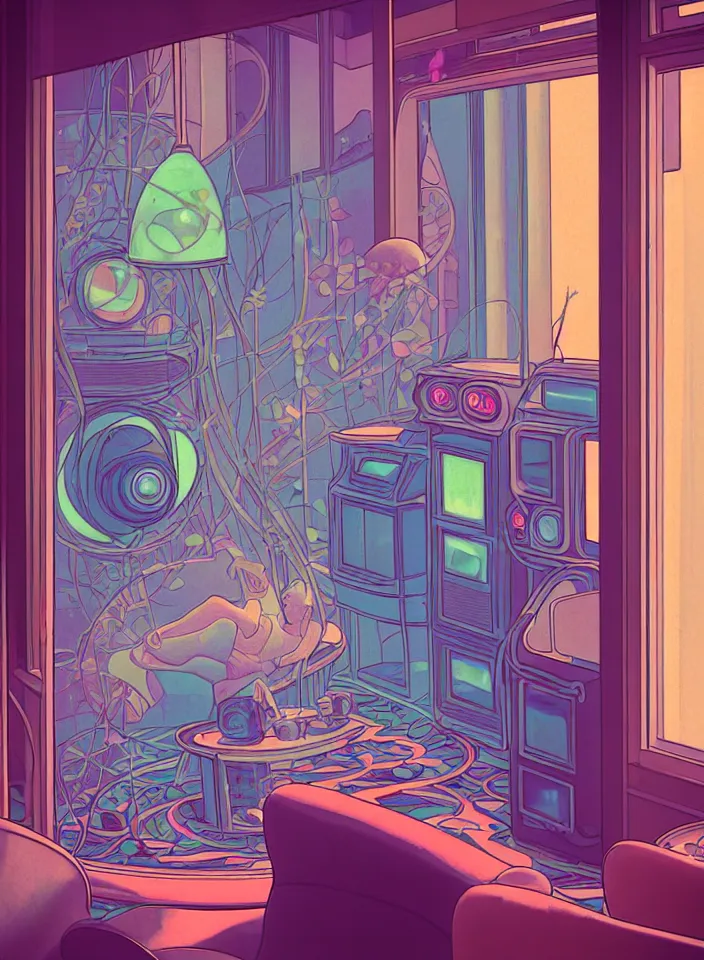 Image similar to telephoto 7 0 mm f / 2. 8 iso 2 0 0 photograph depicting the feeling of chrysalism in a cosy safe cluttered french sci - fi ( ( art nouveau ) ) cyberpunk apartment in a pastel dreamstate art cinema style. ( living room ) ( ( fish tank ) ), ambient light.