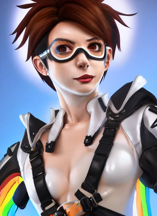 Image similar to portrait bust digital artwork of tracer overwatch, wearing white iridescent rainbow latex and leather straps catsuit outfit, 4 k, expressive happy smug expression, makeup, in style of mark arian, angel wings, wearing detailed black leather collar collar collar collar, chains, black leather harness, detailed face and eyes,