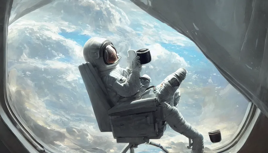 Image similar to beautiful painting of astronaut sitting in sofa with cup of coffee looking at far earth, wide shot, digital painting, intricate details, trending on artstation, concept art, octane render, realistic, highly detailed, smooth, sharp focus, beautiful, 4 k, 8 k, hd, art by charlie bowater and artgerm and greg rutkowski